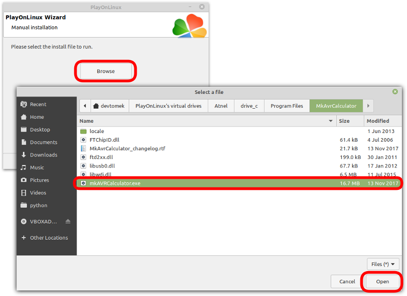 PlayOnLinux - Wybór pliku instalacyjnego