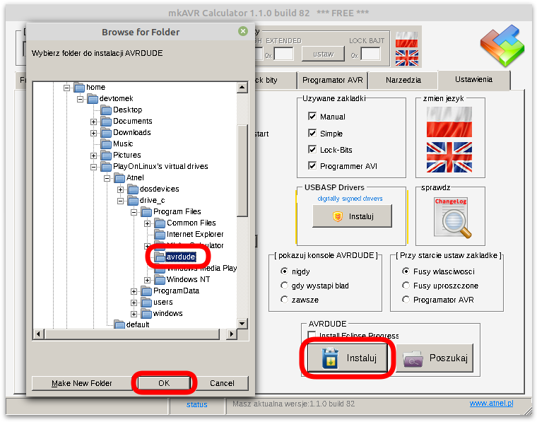 Instalacja dedykowanego avrdude z poziomu MkAvrCalculator