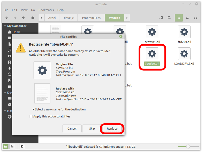 Nadpisanie biblioteki libusb.dll - avrdude