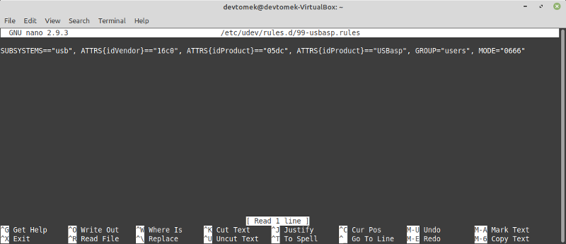 Edycja pliku 99-usbasp.rules z poziomu terminala